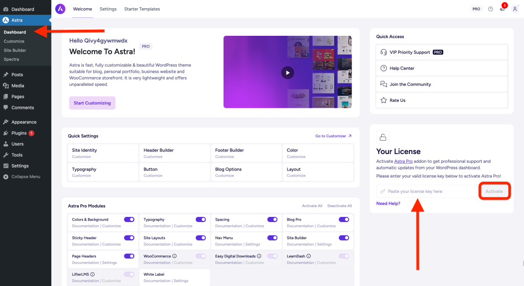 Activate Astra Pro Addon